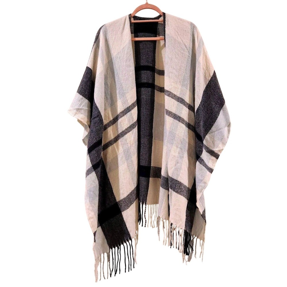 Banana Republic Plaid Poncho Wrap Cream Navy Blue Fringe Open Front Shawl OS